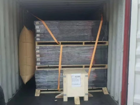 Rubber bridge expansion joint on wooden pallet separated by airbags in the truck